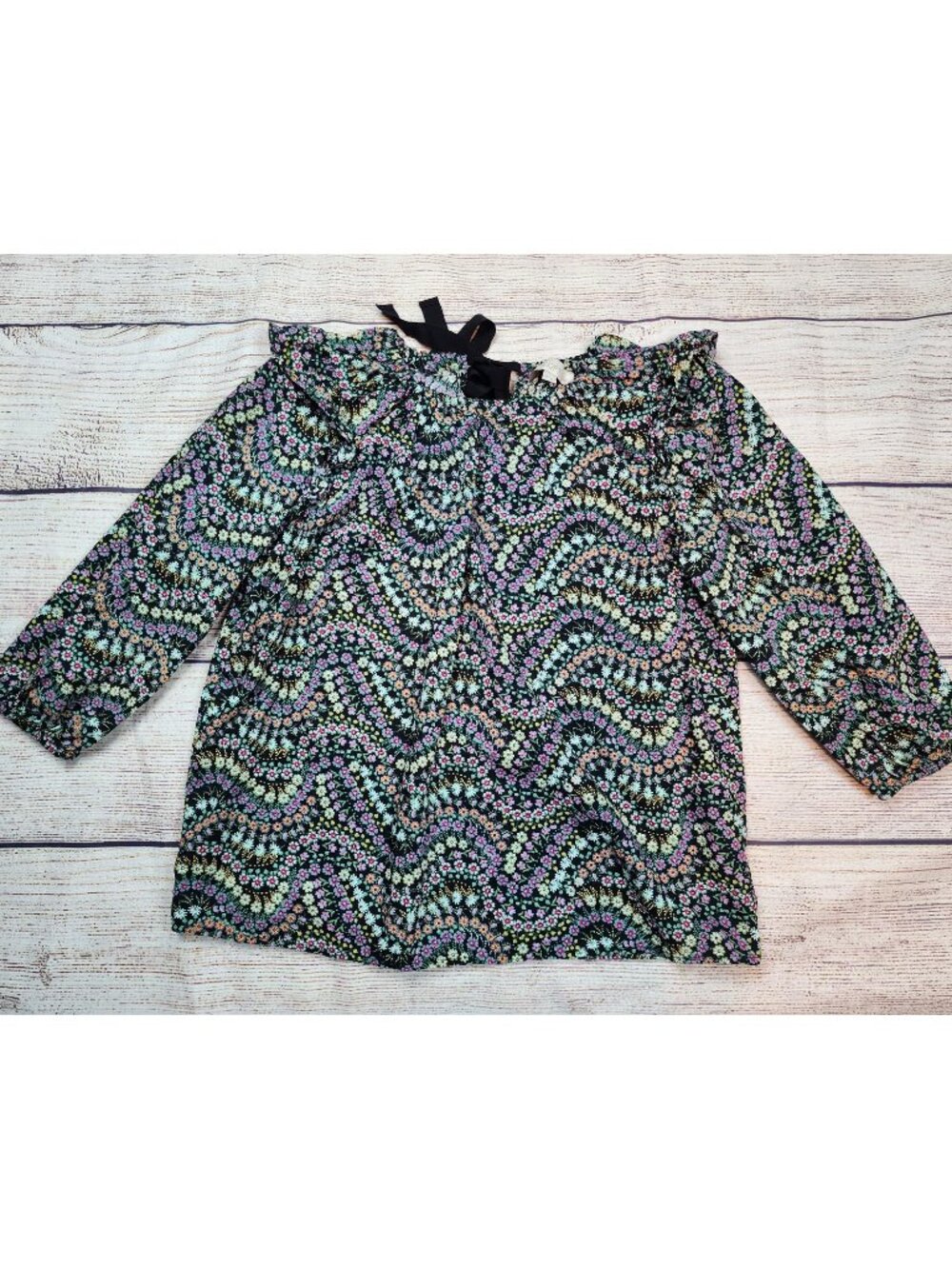 Loft Size MP Garden Dobby Tie Back Ruffle Blouse Ditsy Floral Peasant Cottage